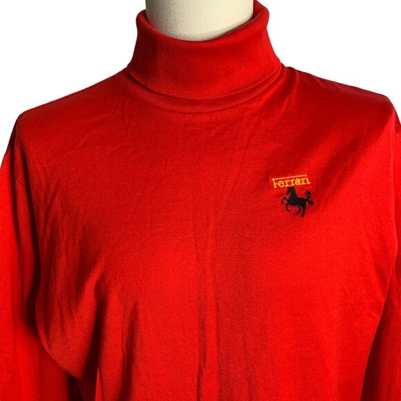 Vintage 80s Ferrari Turtleneck Shirt XL Red Embroidered Long Sleeve Cotton Lisle - Picture 2 of 7